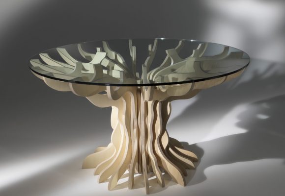 Tavolo da pranzo tondo in legno con piano in cristallo temperato Dalia